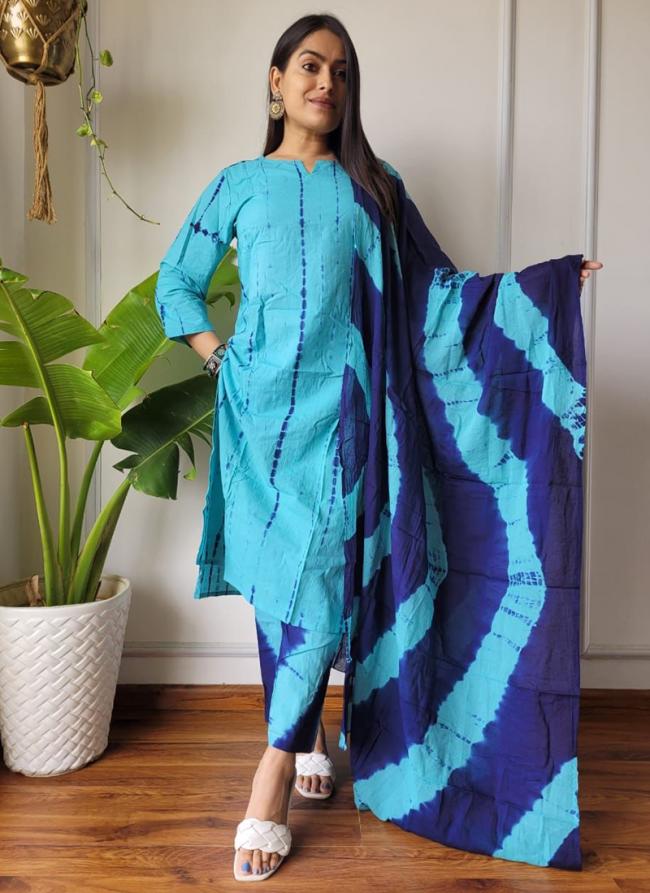 Cotton Sky Blue Casual Wear Printed Readymade Salwar Suit